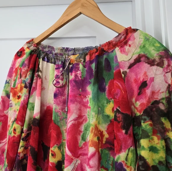 Blumarine Italy Silk Knit Half Sleeve Vibrant Rose Floral Peasant Blouse - Picture 2 of 12